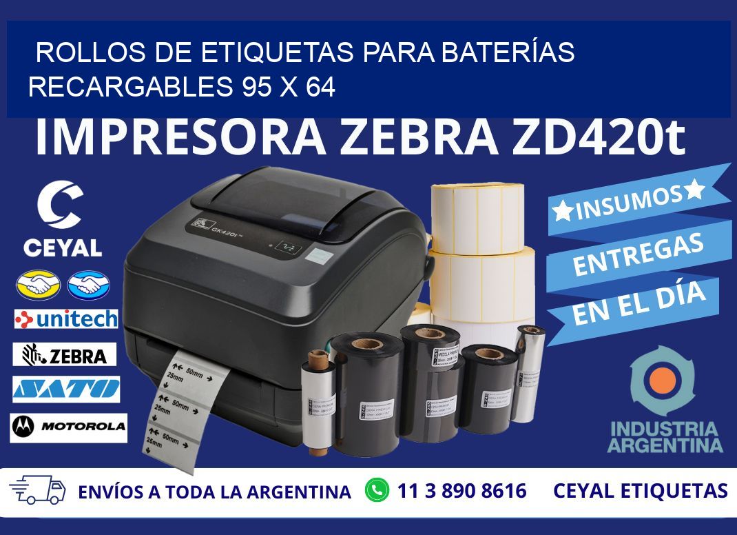 ROLLOS DE ETIQUETAS PARA BATERÍAS RECARGABLES 95 x 64