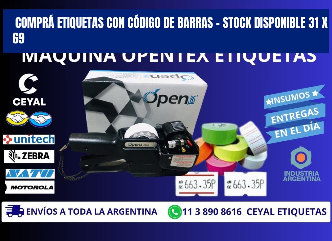 COMPRÁ ETIQUETAS CON CÓDIGO DE BARRAS – STOCK DISPONIBLE 31 x 69