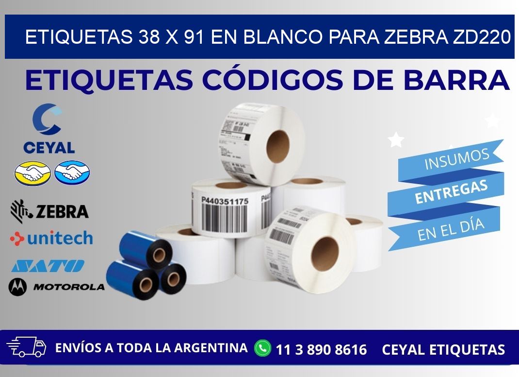 Etiquetas 38 x 91 en blanco para zebra zd220