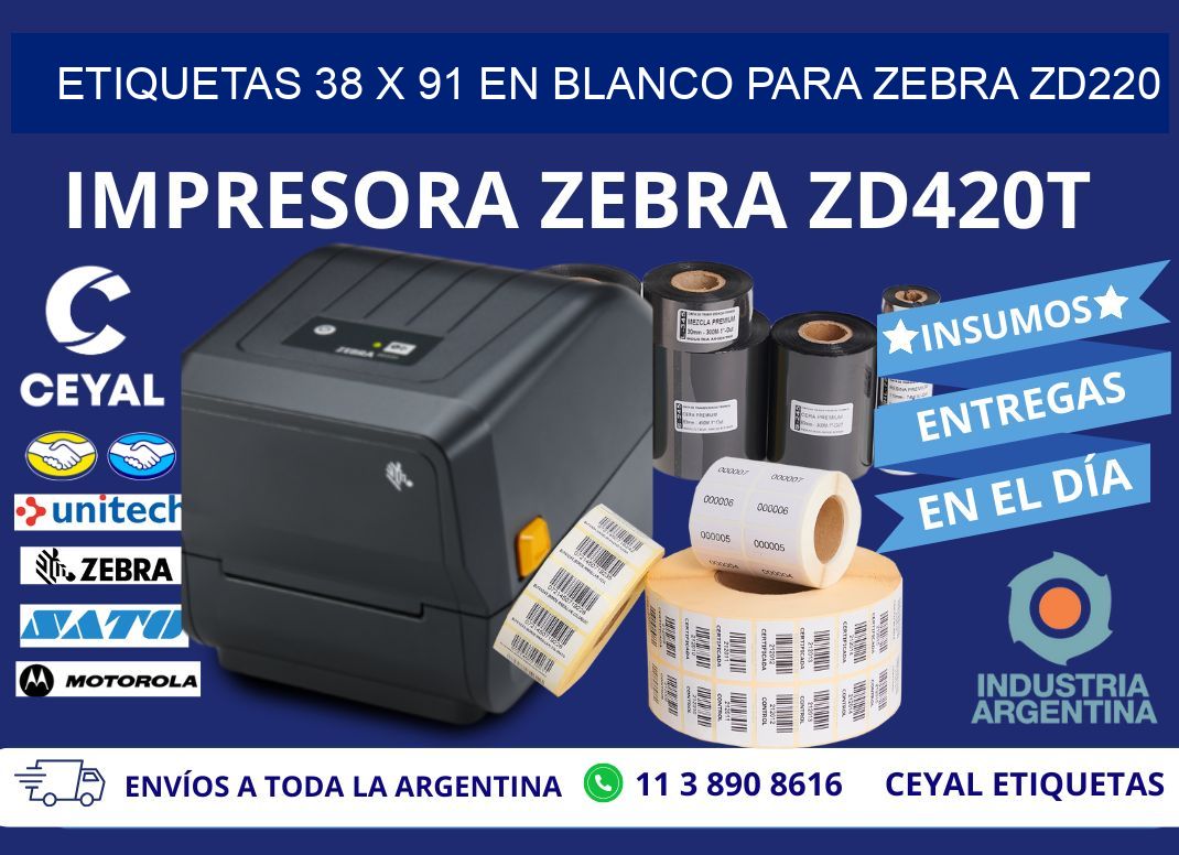 Etiquetas 38 x 91 en blanco para zebra zd220