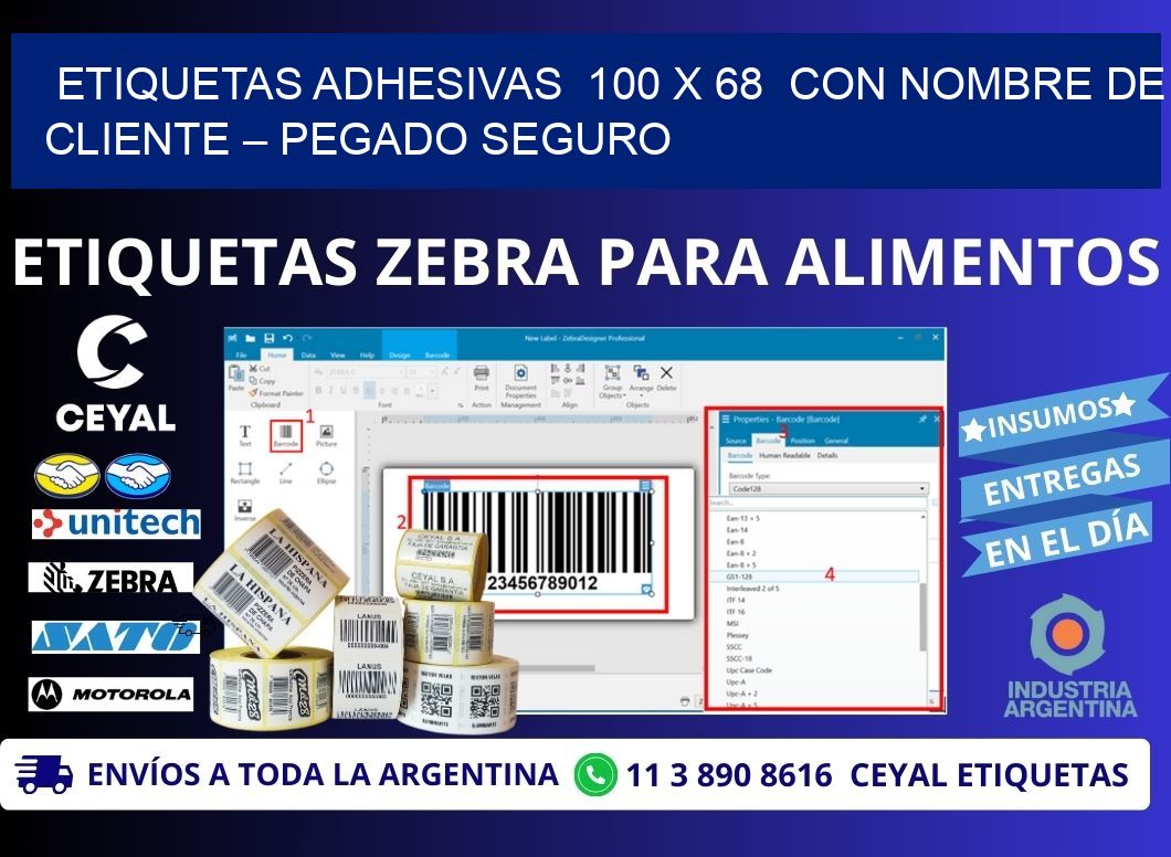 Etiquetas Adhesivas  100 x 68  con Nombre de Cliente – Pegado Seguro