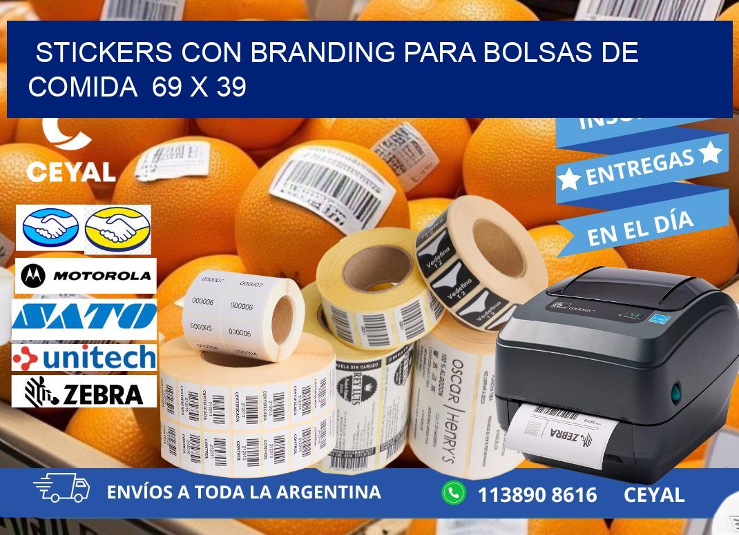 STICKERS CON BRANDING PARA BOLSAS DE COMIDA  69 x 39