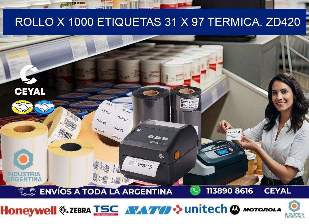 Rollo X 1000 etiquetas 31 x 97 termica. zd420