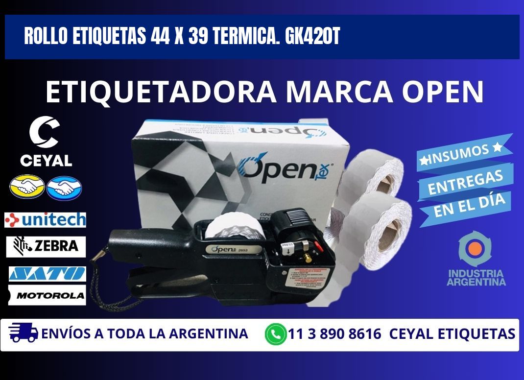 Rollo etiquetas 44 x 39 termica. gk420t