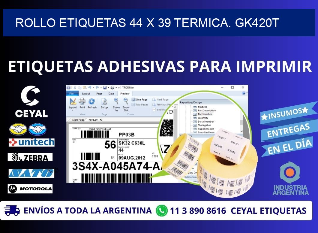 Rollo etiquetas 44 x 39 termica. gk420t