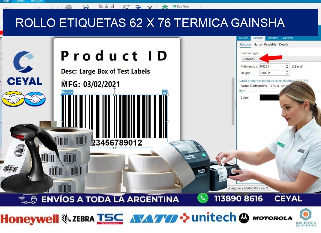 Rollo etiquetas 62 x 76 termica gainsha