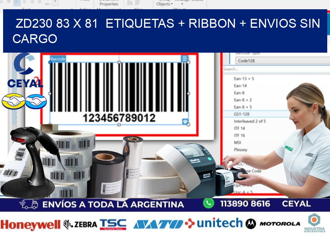 ZD230 83 x 81  etiquetas + ribbon + envios sin cargo