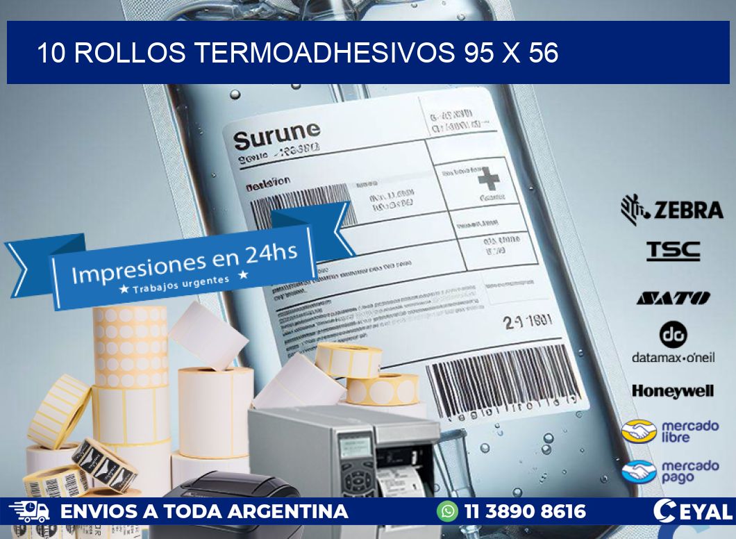 10 ROLLOS TERMOADHESIVOS 95 x 56
