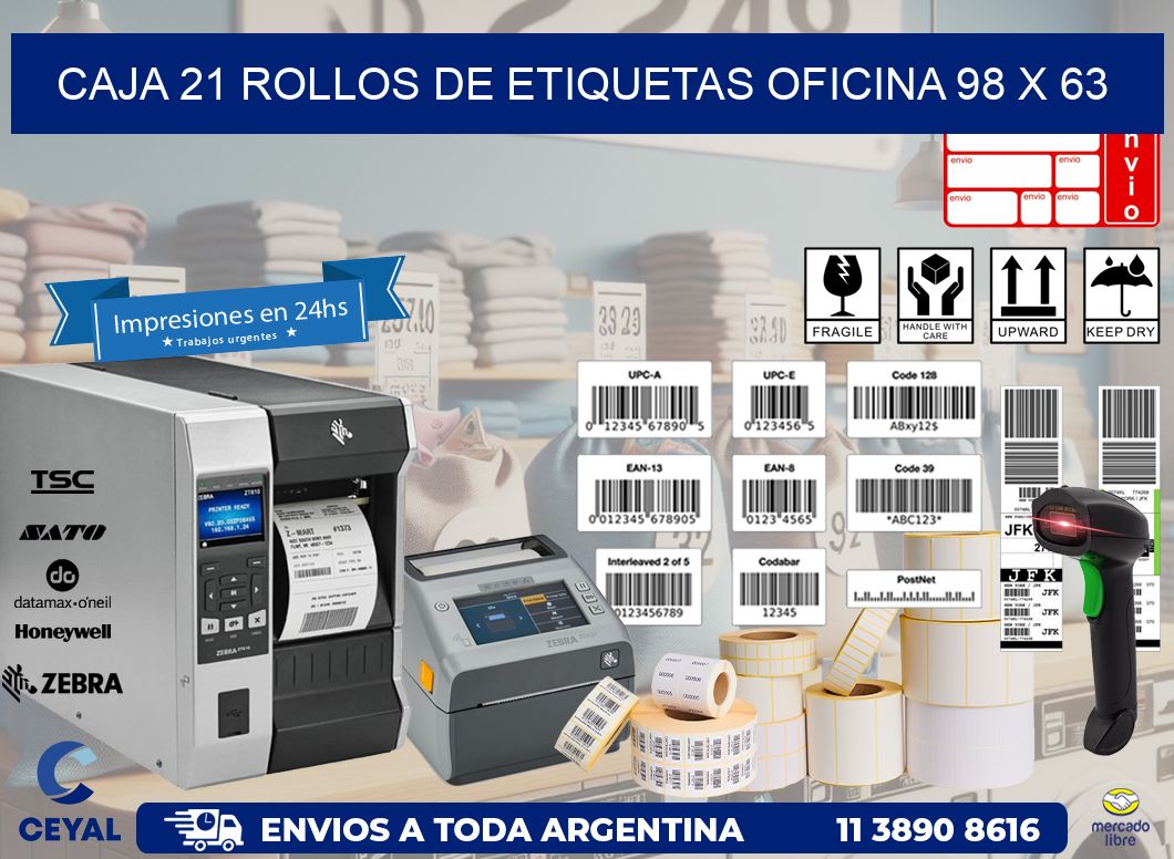 CAJA 21 ROLLOS DE ETIQUETAS OFICINA 98 x 63