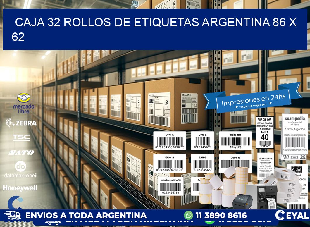 CAJA 32 ROLLOS DE ETIQUETAS ARGENTINA 86 x 62