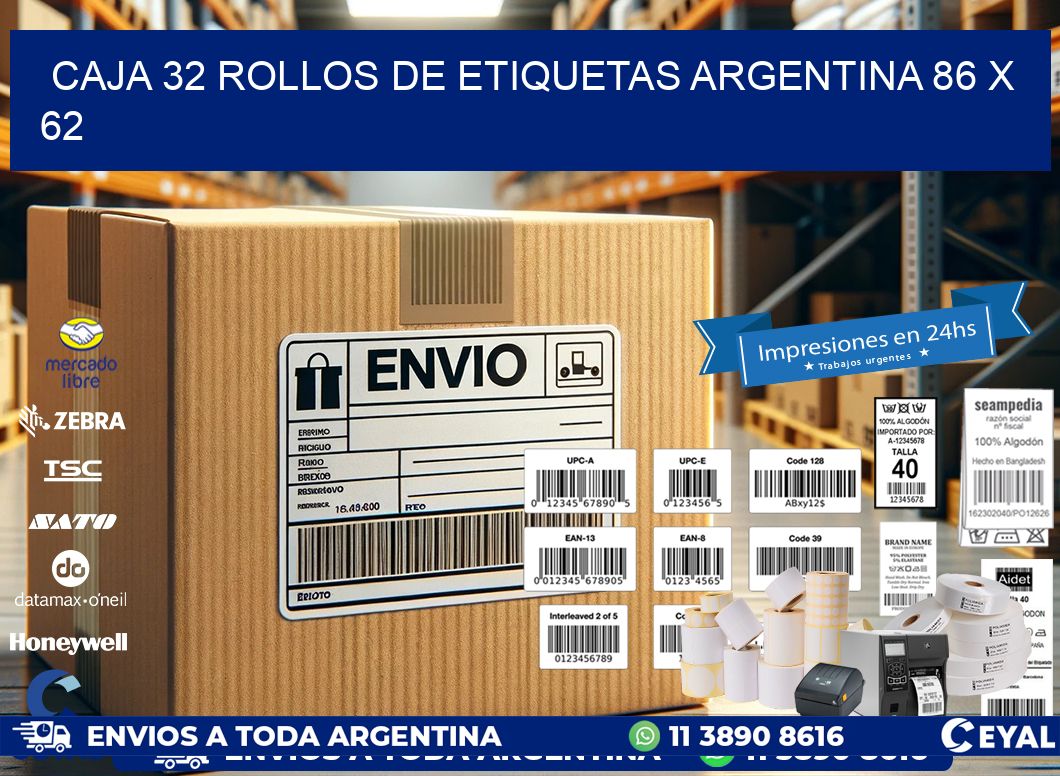 CAJA 32 ROLLOS DE ETIQUETAS ARGENTINA 86 x 62