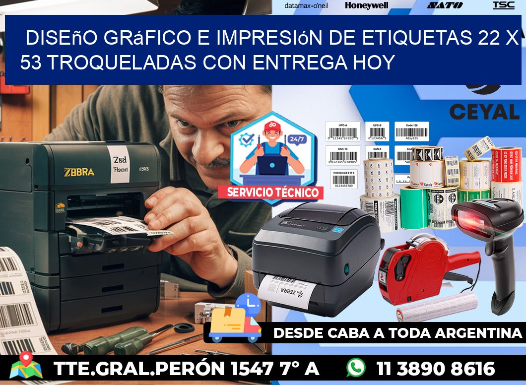 Diseño gráfico e impresión de etiquetas 22 x 53 troqueladas con entrega hoy