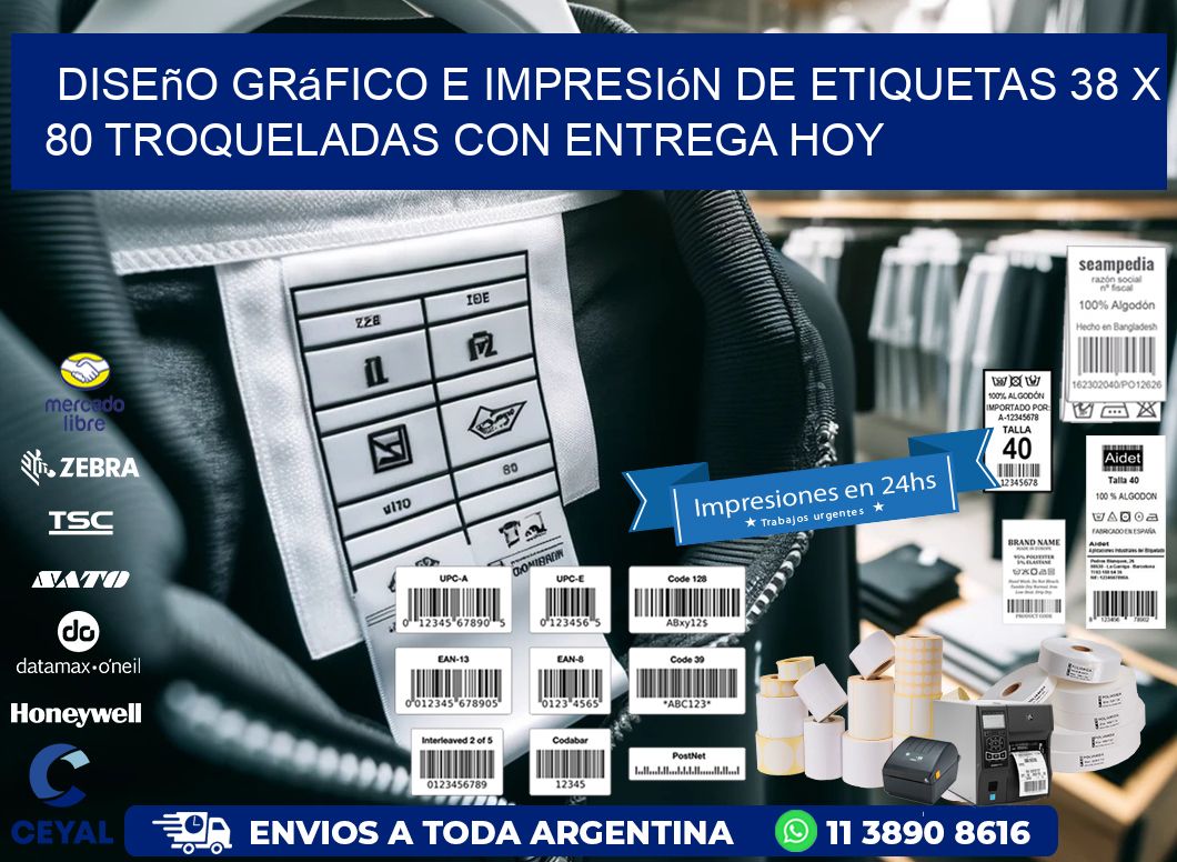 Diseño gráfico e impresión de etiquetas 38 x 80 troqueladas con entrega hoy