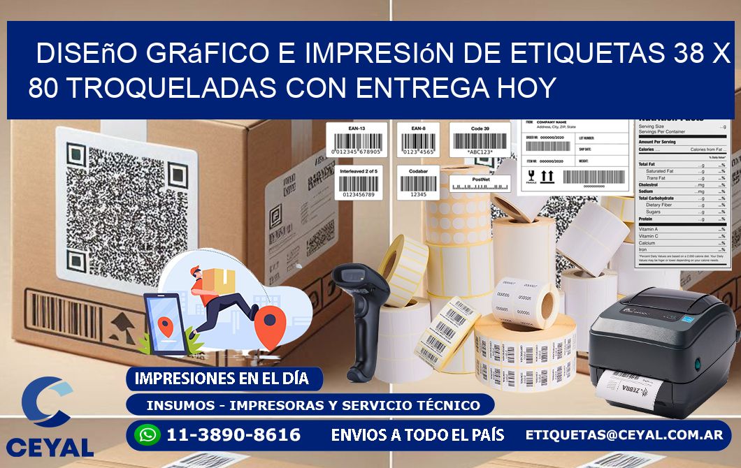 Diseño gráfico e impresión de etiquetas 38 x 80 troqueladas con entrega hoy