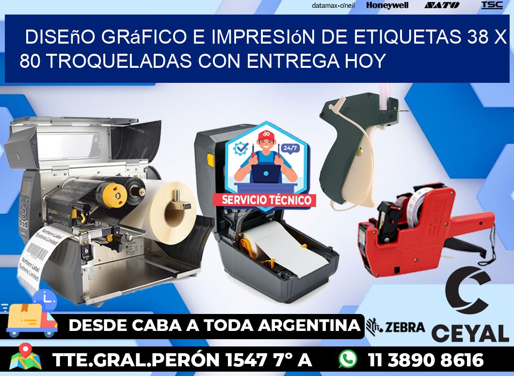 Diseño gráfico e impresión de etiquetas 38 x 80 troqueladas con entrega hoy