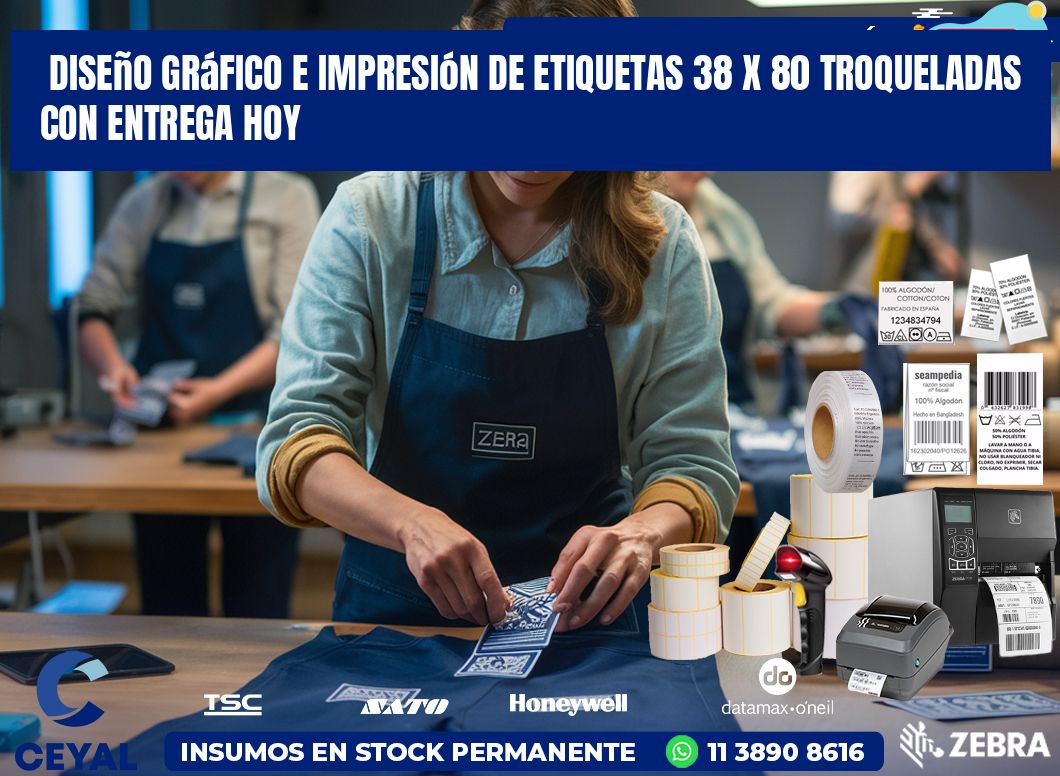 Diseño gráfico e impresión de etiquetas 38 x 80 troqueladas con entrega hoy