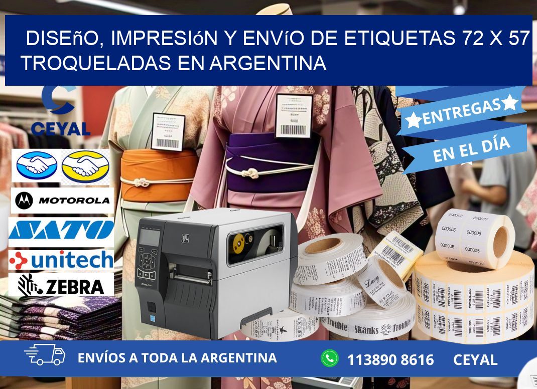 Diseño, impresión y envío de etiquetas 72 x 57 troqueladas en Argentina