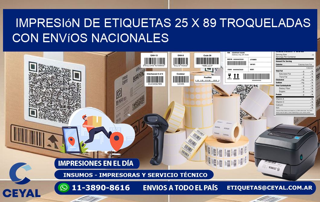 Impresión de etiquetas 25 x 89 troqueladas con envíos nacionales