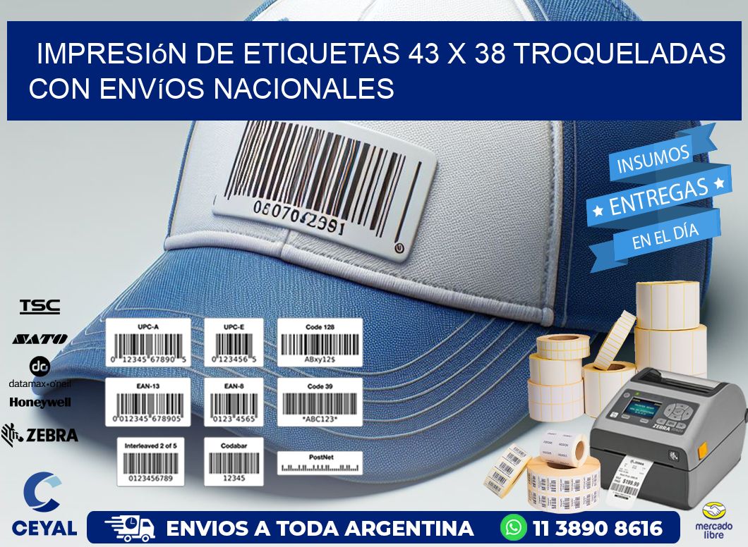 Impresión de etiquetas 43 x 38 troqueladas con envíos nacionales