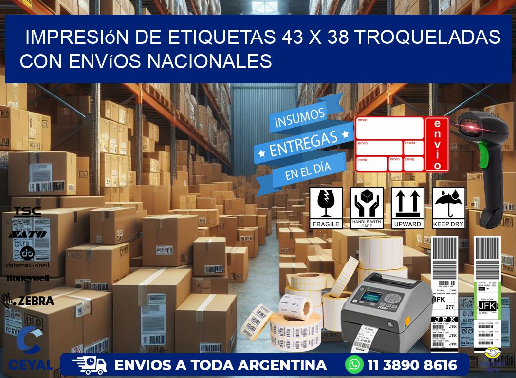 Impresión de etiquetas 43 x 38 troqueladas con envíos nacionales