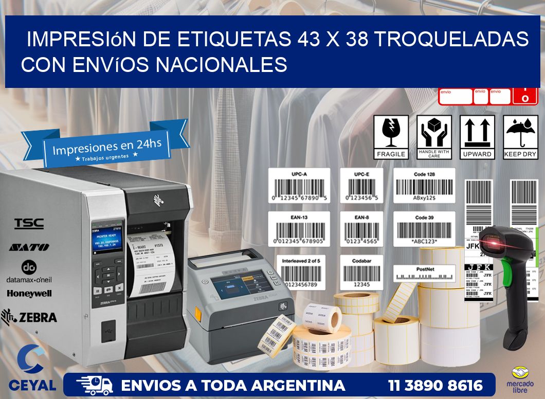 Impresión de etiquetas 43 x 38 troqueladas con envíos nacionales