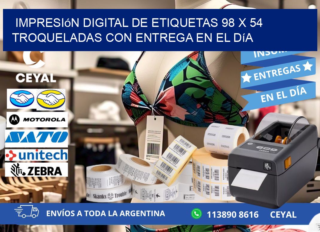 Impresión digital de etiquetas 98 x 54 troqueladas con entrega en el día