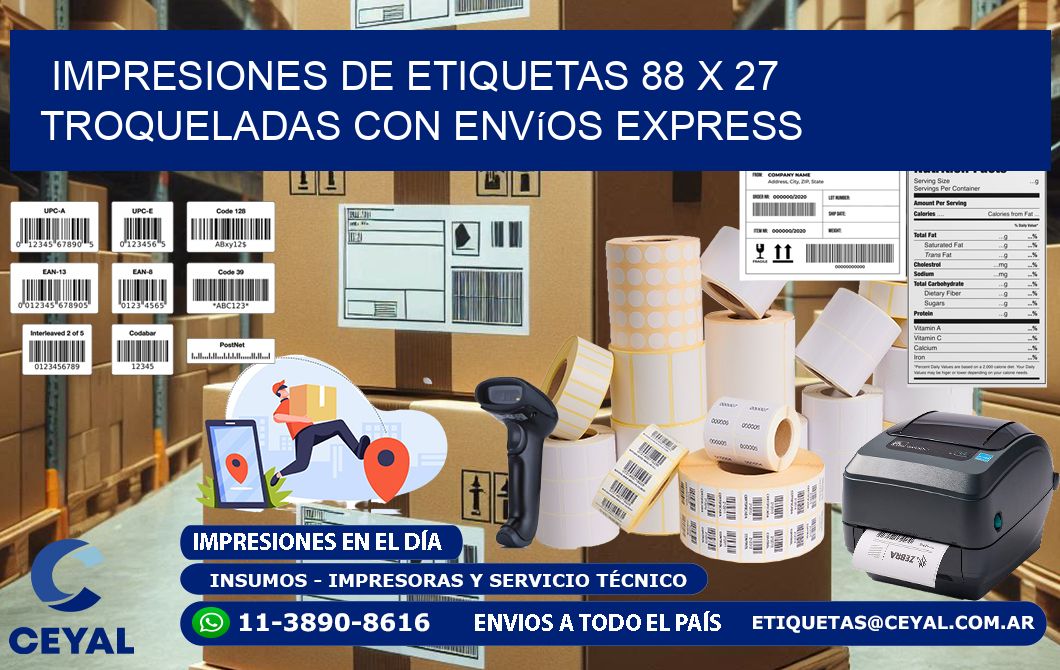 Impresiones de etiquetas 88 x 27 troqueladas con envíos express