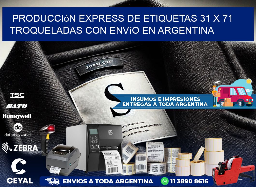 Producción express de etiquetas 31 x 71 troqueladas con envío en Argentina