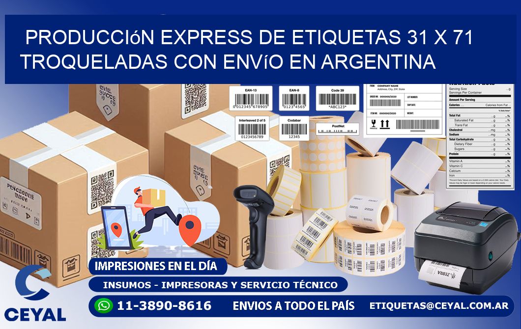 Producción express de etiquetas 31 x 71 troqueladas con envío en Argentina