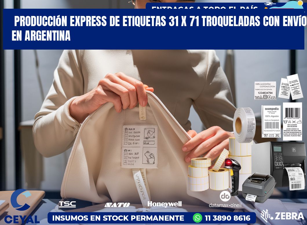 Producción express de etiquetas 31 x 71 troqueladas con envío en Argentina