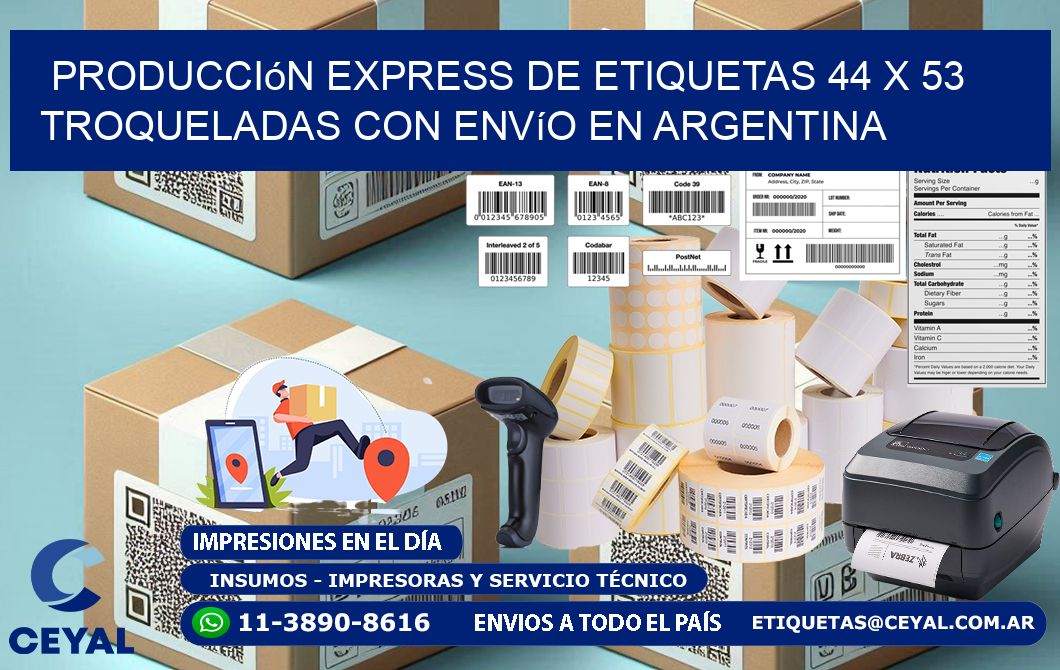 Producción express de etiquetas 44 x 53 troqueladas con envío en Argentina