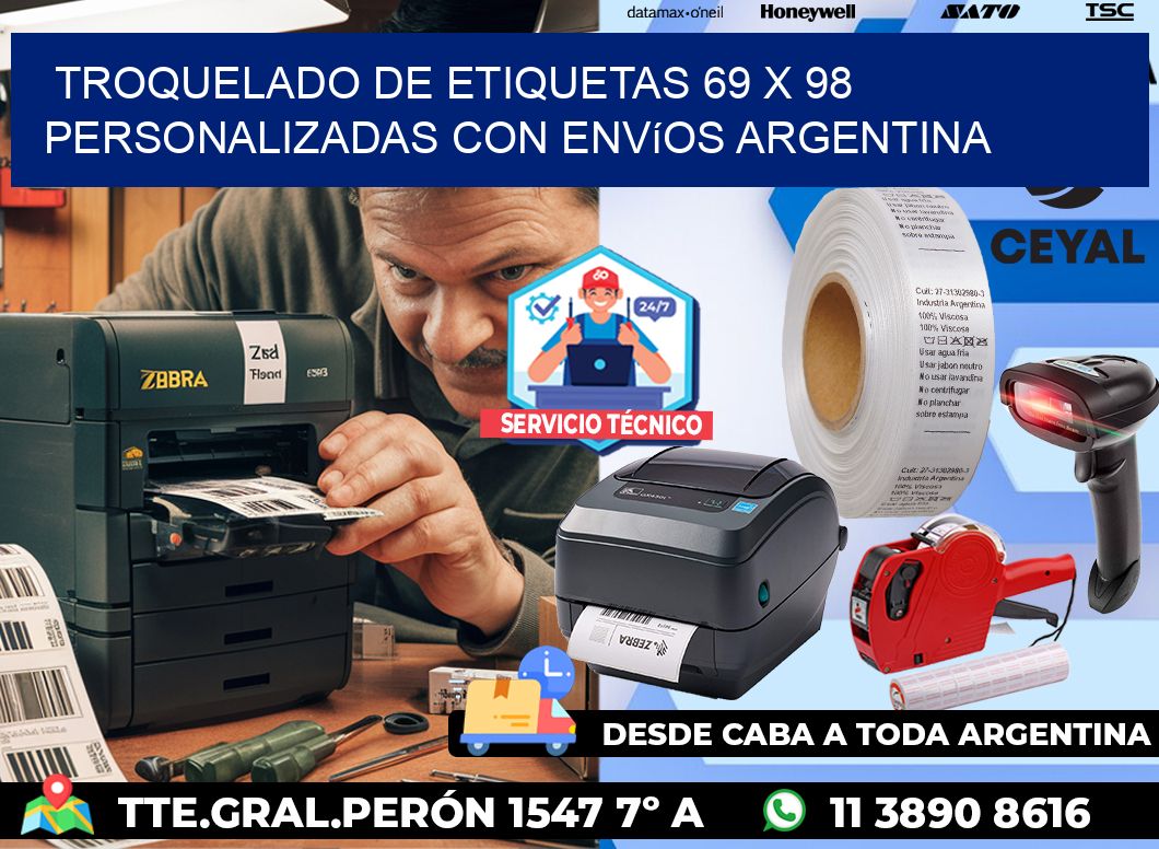 Troquelado de etiquetas 69 x 98 personalizadas con envíos Argentina