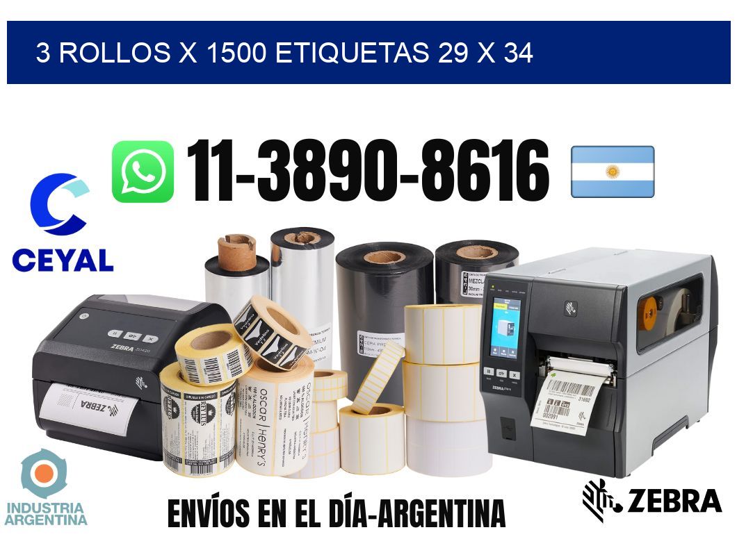 3 rollos x 1500 etiquetas 29 x 34