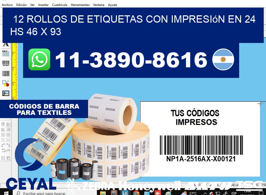 12 rollos de etiquetas con impresión en 24 hs 46 x 93