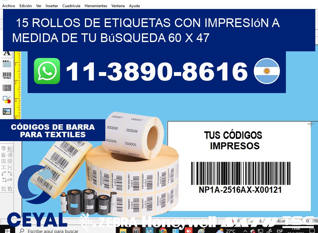 15 rollos de etiquetas con impresión a medida de tu búsqueda 60 x 47