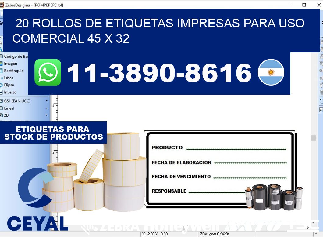 20 rollos de etiquetas impresas para uso comercial 45 x 32