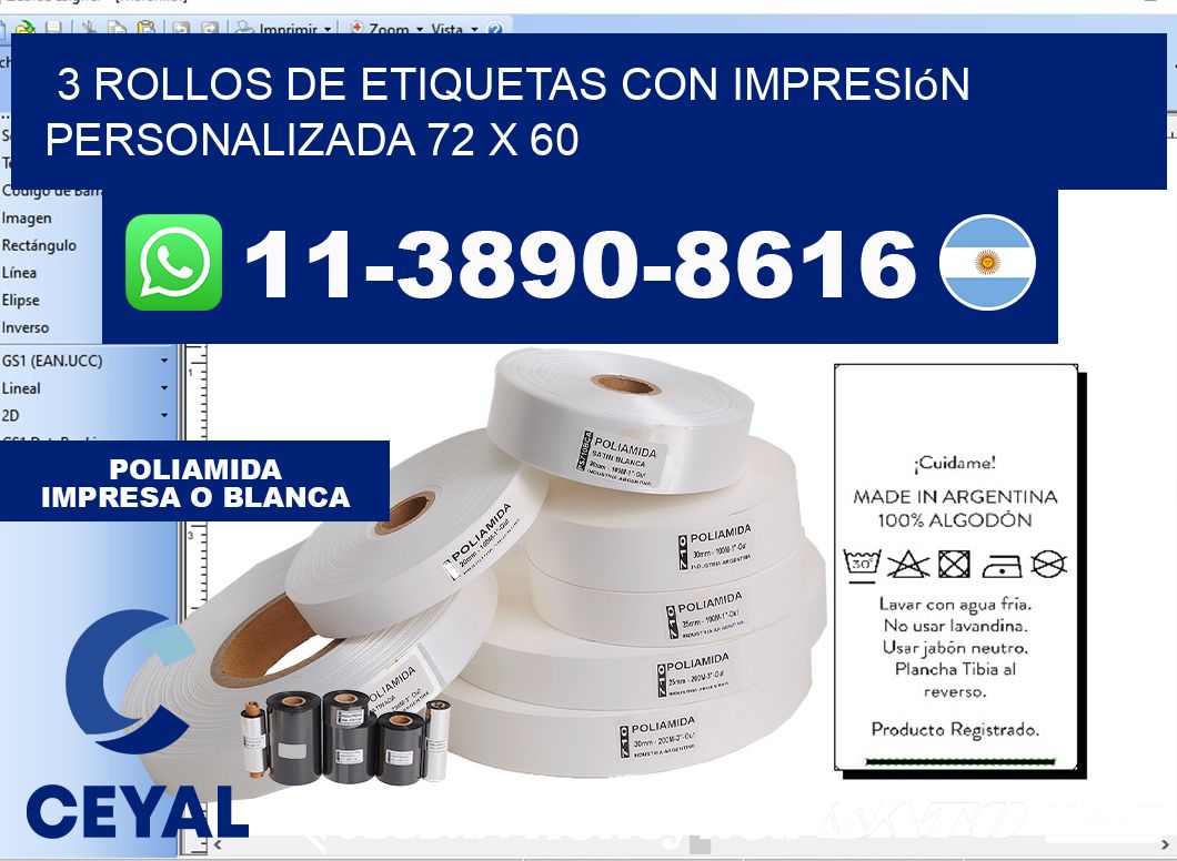 3 rollos de etiquetas con impresión personalizada 72 x 60
