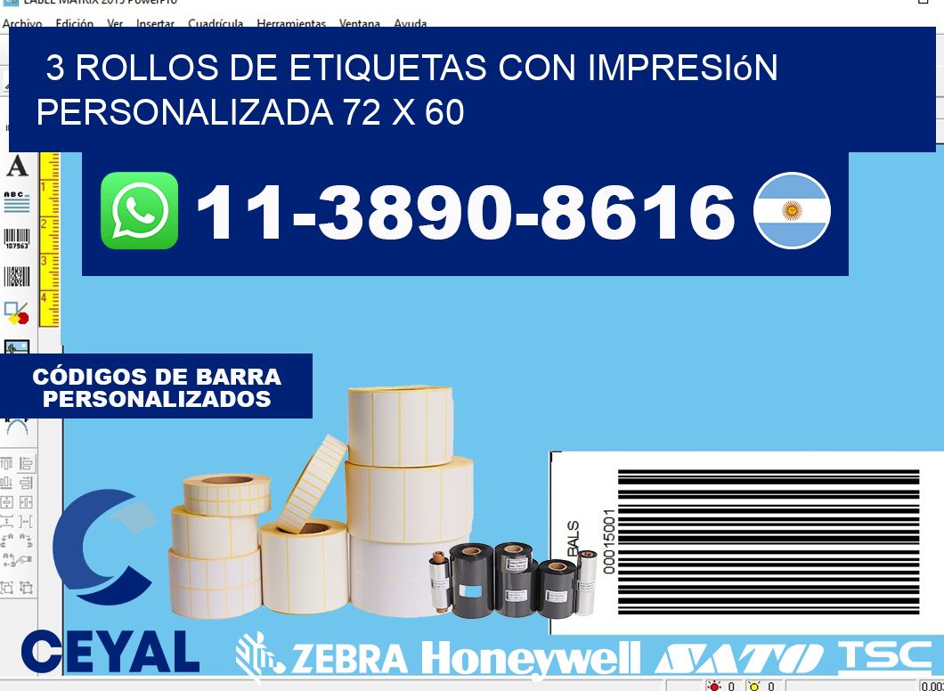 3 rollos de etiquetas con impresión personalizada 72 x 60