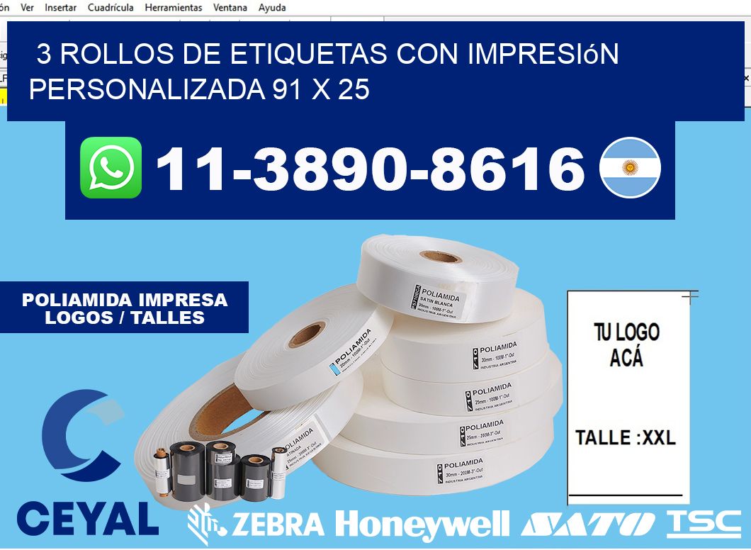 3 rollos de etiquetas con impresión personalizada 91 x 25