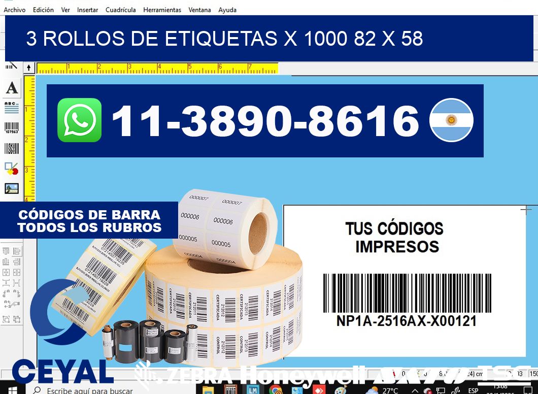 3 rollos de etiquetas x 1000 82 x 58