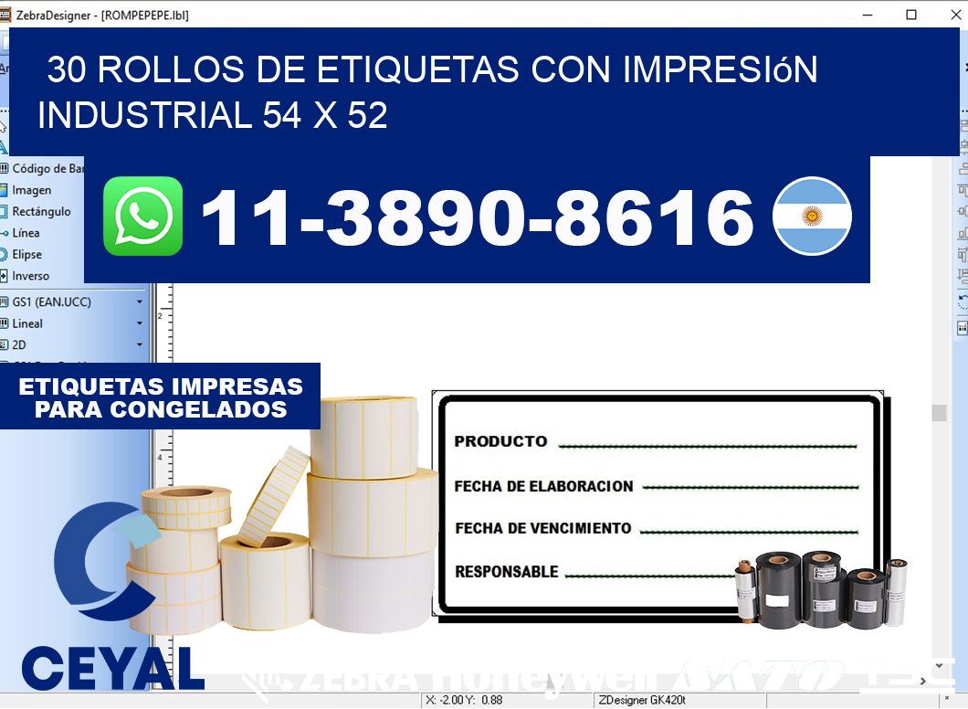 30 rollos de etiquetas con impresión industrial 54 x 52