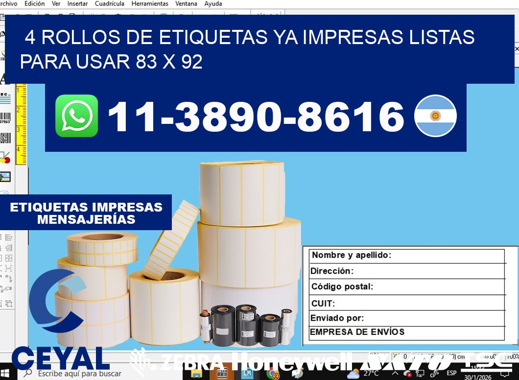 4 rollos de etiquetas ya impresas listas para usar 83 x 92