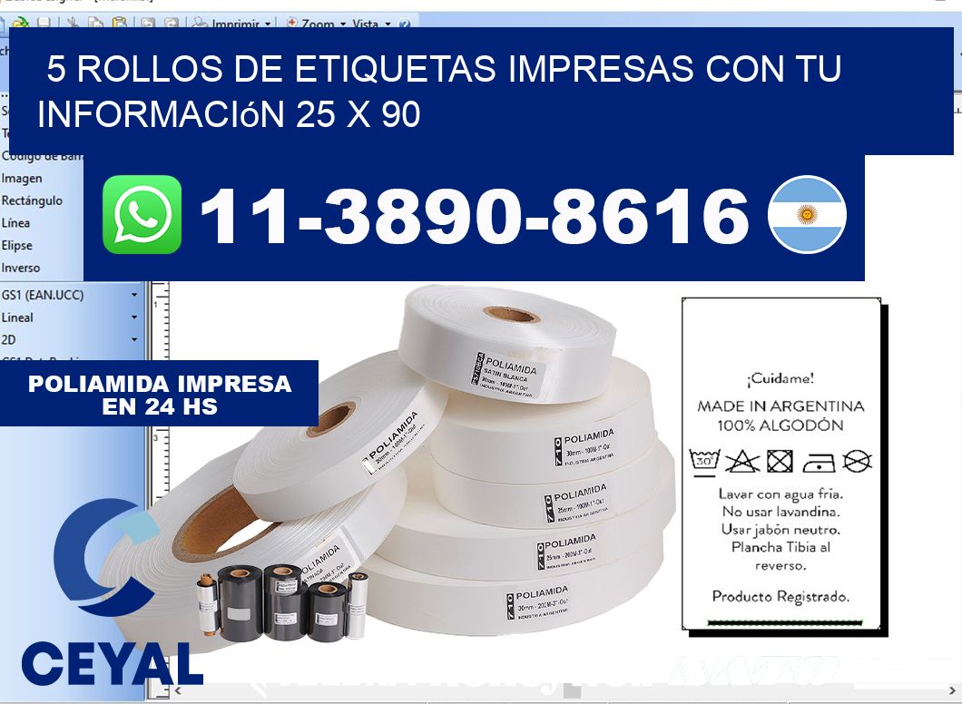 5 rollos de etiquetas impresas con tu información 25 x 90
