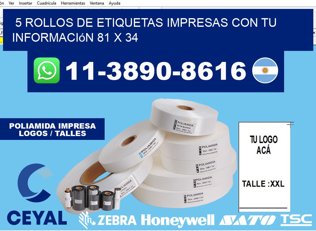 5 rollos de etiquetas impresas con tu información 81 x 34