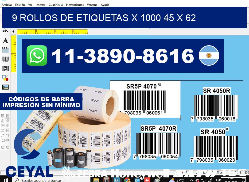 9 rollos de etiquetas x 1000 45 x 62