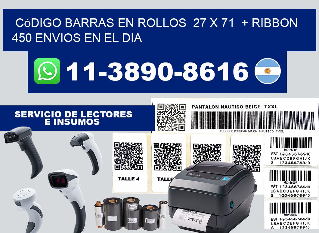 código barras en rollos  27 x 71  + ribbon  450 Envios en el dia