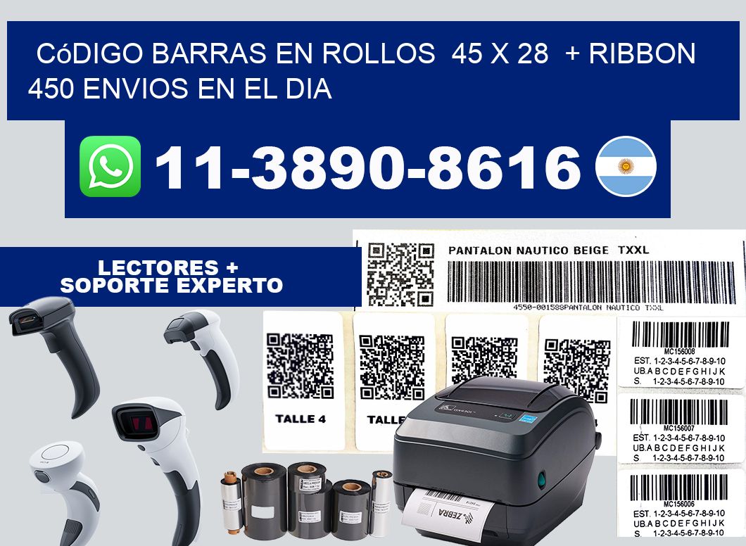 código barras en rollos  45 x 28  + ribbon  450 Envios en el dia