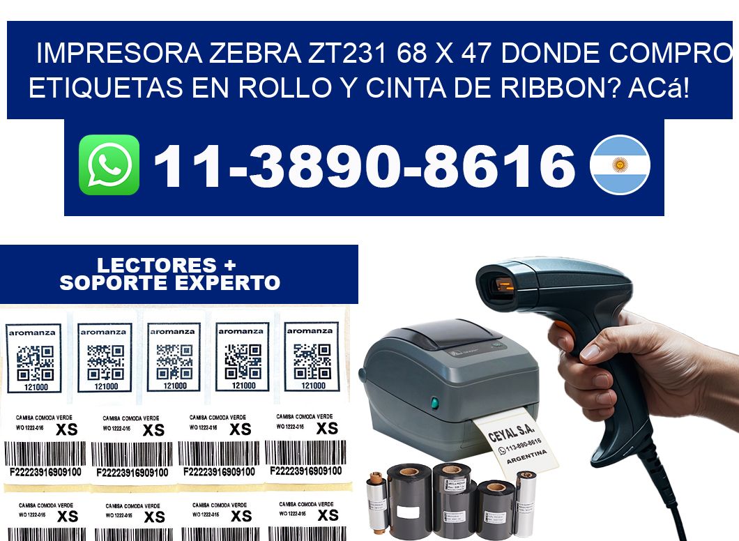 impresora zebra zt231 68 x 47 Donde compro etiquetas en rollo y cinta de ribbon? Acá!