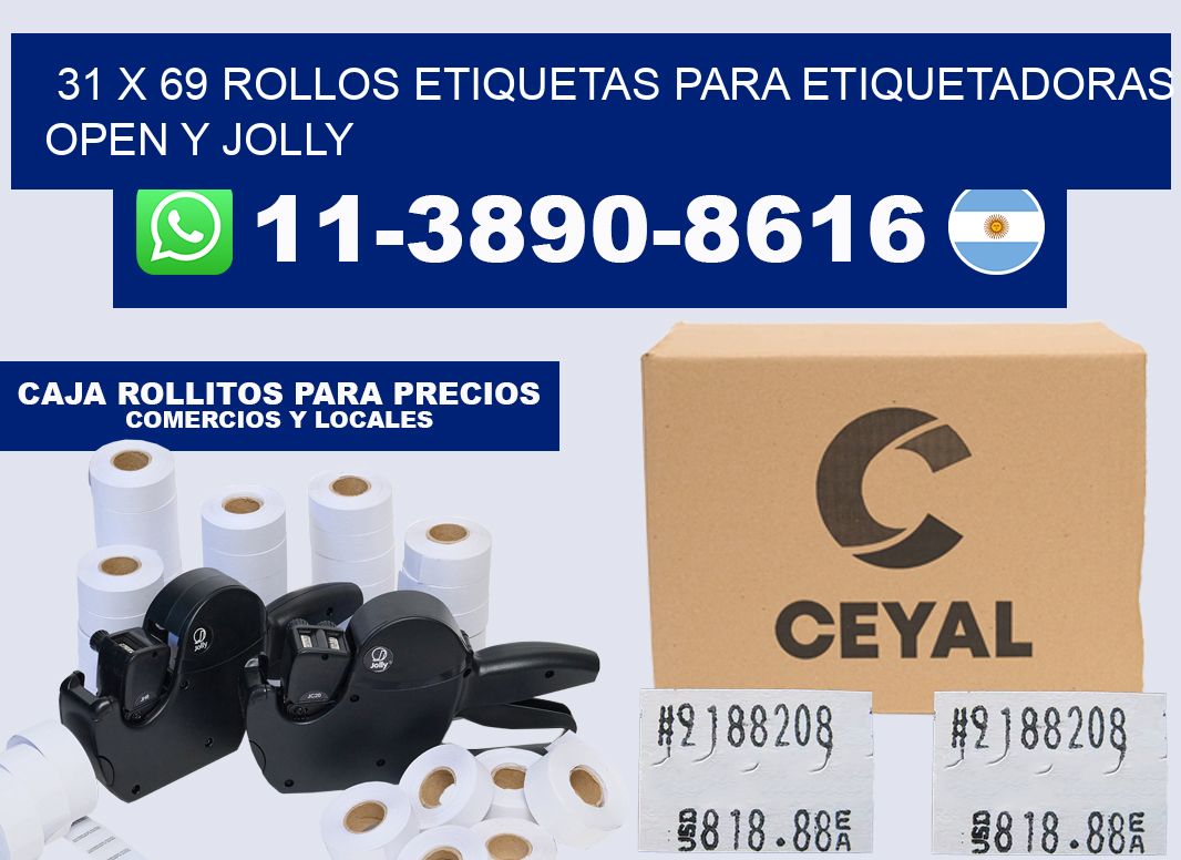31 x 69 Rollos etiquetas para etiquetadoras open y jolly