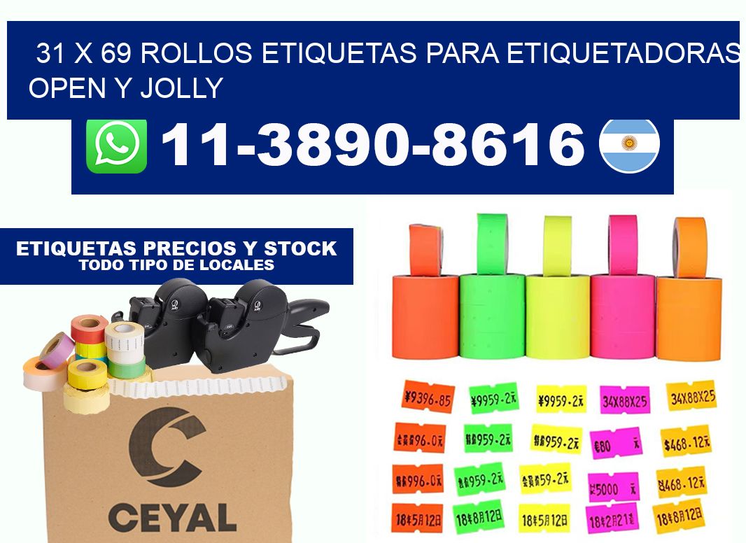 31 x 69 Rollos etiquetas para etiquetadoras open y jolly